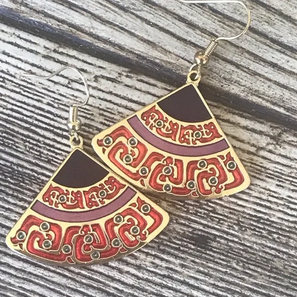 National Palace Museum Fan Earrings Enamel Asian Motif Gold Tone Statement - Picture 6 of 7